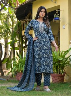 Grab this beautiful 3-piece set. The set comes with straight cut printed kurta has round neck, 3/4th sleeves & calf length teamed with printed trouser pants and a chanderi cotton dupatta to match. Color - Blue Kurta Fabric-Viscose Pant Fabric-Viscose Dupatta Fabric- Chanderi Cotton Neck-Round Neck Sleeves-3/4th Sleeves Work - Print Detailing Washing Instructions-Dry Clean Model Height - 5.5 wearing size small. DISCLAIMER - The color of the product may be differ due to screen settings of device. A misprint here and a colour drop slip there is the beauty of printing which is not treated as a defect. Blue Kurta, Kurta Pant Set, Cotton Dupatta, Kurta With Pants, Womens Size Chart, Pant Set, Trouser Pants, Straight Cut, Model Height