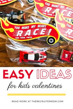 some cars are in plastic bags on a table with the words easy ideas for kids valentine's day