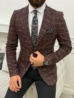 Serra Burgundy Slim Fit Plaid Suit – BOJONI Fall Jackets Outfit, Burgundy Jacket, Pants Gift, Smart Casual Wear, Slim Fit Jackets, Plaid Suit, Slim Fit Blazers, Checked Blazer, Hrithik Roshan