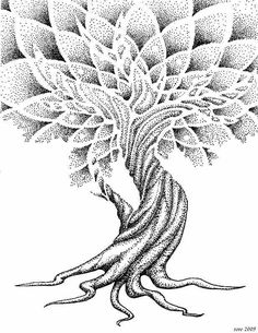 a black and white drawing of a tree with lots of leaves on the branches,