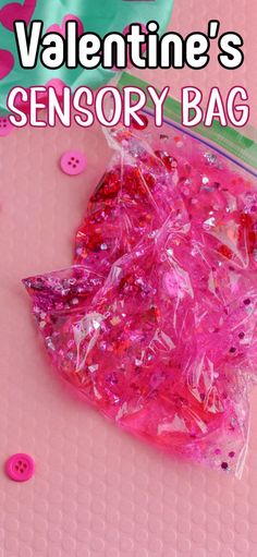 valentine's day activity bag for kids with pink sprinkles and buttons