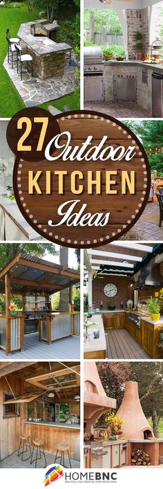 an outdoor kitchen and grill area with the title overlay that reads, 27 outdoor kitchen ideas