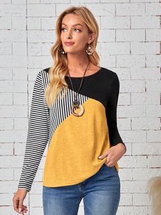 Yellow Casual Collar Long Sleeve Fabric Colorblock,Striped  Embellished Slight Stretch Spring/Fall Women Clothing Color Blocking Shirt, Color Block Tee, Women's Outfits By Occasions, Colour Blocking, Yellow Blouse, Women T Shirts, Trendy Fashion Women, White Casual, Women Tops