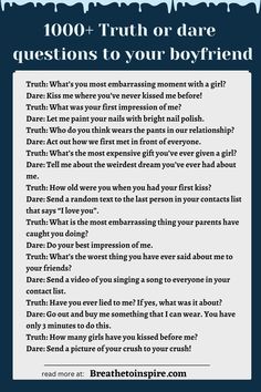 a poster with the words truth or dare questions to your boyfriend