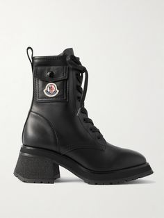 Moncler's 'Gigi' ankle boots take cues from chunky combat styles. Made in Italy from smooth leather, they're set on a flared 70mm heel and have tonal laces and hardware. The flap pocket at the side is appliquéd with the label's unmistakable emblem. Shoes Boots Combat, Moncler Women, Shoes Boots Ankle, Sport Swimwear, Fine Jewelry Designers, Black Ankle Boots, Leather Ankle Boots, Flap Pocket, Smooth Leather