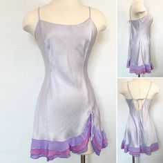 Gorgeous Short Summer Party Slip Dress By Victoria’s Secret 100% Silk Silky Satin Charmeuse Weave Pastel Purple Violet Lilac Lavender Silver Rare Colorway Silhouette Featured In The 2003 Victoria’s Secret Spring Preview Catalog Silk Chiffon Layered Mermaid Draped Ruffle Hem Silk Bow Detail Fairy Cosplay Romantic Sweetheart Neck Vintage Pink Satin Label Spaghetti Straps Keyhole Back Pit To Pit: 18” Length: 32” (Adjustable) Size Large Love Vintage Lingerie? More Unique Victoria’s Secret Pieces Available... Listing New Items Weekly! Luxury Short Nightgown 90s Hollywood Glamour Sissy Mermaidcore Peignoir Fairy Garden Nymph Vs Pajama Fairycore Summer Silver Silk Dress, Victoria's Secret Fitted Summer Slip Dress, Fitted Victoria's Secret Summer Slip Dress, Summer Fitted Slip Dress By Victoria's Secret, Elegant Victoria's Secret Mini Dress For Summer, Victoria's Secret Spaghetti Strap Summer Dresses, Elegant Victoria's Secret Summer Slip Dress, Victoria's Secret Mini Party Dress, Victoria's Secret Fitted Sleeveless Slip Dress