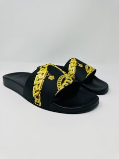 Product Details * Rubber upper * Round toe * Slip on * Rubber sole * Spot clean * Made in Italy All merchandise is 100% Authentic. Us 8 women Luxury Sandals With Chain Strap For Summer, Casual Black Sandals With Chain Strap, Luxury Sandals With Chain Strap For Spring, Luxury Chain Strap Sandals For Spring, Slide Sandals, Black Sandals, Rubber Sole, Versace, In Italy