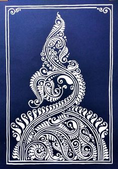 an intricately designed christmas tree on a blue background with white border and paisley designs