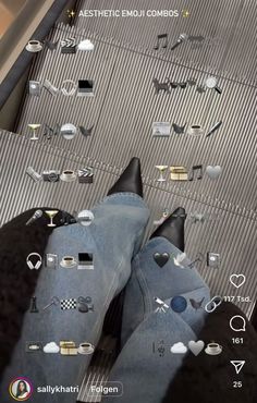 someone is standing on an escalator with their feet in the air and there are lots of hearts