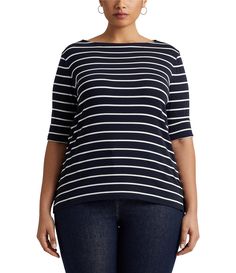 Shop for Lauren Ralph Lauren Plus Size Stripe Boat Neck Short Sleeve T-Shirt at Dillard's. Visit Dillard's to find clothing, accessories, shoes, cosmetics & more. The Style of Your Life. Relaxed Fit Boat Neck Tops For Fall, Casual Boat Neck Top With Relaxed Fit, Boat Neck Top Designs, Boat Neck Top, Boat Neck Tops, Ladies Tee Shirts, Cozy Chic, Collar Top, Plus Size Tops