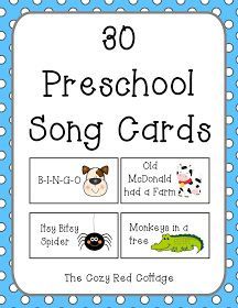 a blue and white polka dot background with the words 30 preschool song cards on it