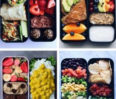 four different lunch boxes filled with food including fruit, vegetables and meats in them