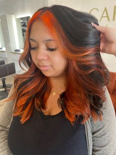 Orange And Black Hair Black Women, Black Hair With Auburn Money Piece, Orange Halo Hair, Bright Orange Highlights In Brown Hair, Black Hair With Orange Money Piece, Halo Colored Hair, Orange Underneath Hair, Orange Highlights In Black Hair