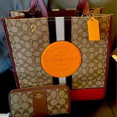 Brand New Authentic Coach Wallet/Purse Set! Never Used And Is Awaiting For This Set To Arrive In The Next Queen’s Collection. Coach Dempsey Tote 40, Coach Dempsey Tote, Beige Handbags, Neoprene Tote, Red Tote Bag, Coach Tote Bags, Red Tote, Bags Designer Fashion, Coach Wallet