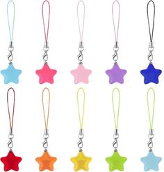 six star shaped key chains in different colors