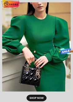 Crew Neck Puff Sleeve Plain Elegant Regular Fit Dress Bodycon Dress Pattern, Puffy Sleeves Dress, Long Puffy Sleeves, Women Dresses Classy, Short Gowns, Brocade Dresses, Sleeves Dress, Puffy Sleeves, Fit Dress