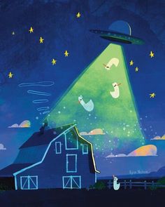 an alien flying over a house with ducks in the yard and stars on the sky