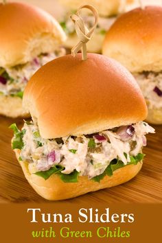 tuna sliders with green chiles on a cutting board