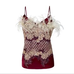 Relaxed Silhouette, V-Neck, Feather-Embellished, Sequins And Beads Embellished Lace, Fully Lined, 100% Silk, Size M, Bardot Color Elegant Party Top With Feather Trim, Elegant Party Tops With Feather Trim, Embellished Cocktail Tops For Summer, Embellished Top, Lace Tops, Womens Tops, V Neck, Silk, Cream