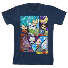 Go super saiyan with this Dragon Ball Super tee. The shirt features images of a blue-haired Goku and Krillin among other characters. The images are made of straight rectangles, slanted shapes, and triangles merged together into one large rectangle. The show’s title appears a t the bottom of the image in yellow and red text. The tee comes in a navy short sleeve crew neck. Fans of the Dragon Ball Super anime will love this t-shirt. Size: small. Gender: unisex. Age Group: toddler. Pattern: Fictitio Multicolor Pop Culture T-shirt With Character Print, Pop Culture Multicolor T-shirt With Character Print, Blue Cotton Anime Print Top, Blue Cotton Top With Anime Print, Character Print Short Sleeve T-shirt For Fan Gatherings, Blue Pop Culture T-shirt With Character Print, Casual Blue T-shirt With Anime Print, Blue Graphic Tee With Character Print, Multicolor Cartoon Print T-shirt For Fans