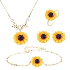 PRICES MAY VARY. Sun flower pendant necklace is made of resin,faux pearl and alloy,use superb electroplating process,polishing to a bright shine.It's a fashion necklace. Sunflower floral necklace earrings ring bracelet set design concept is unique and classical,it is personality but also creativity,suitable for fashion lovers. Sunflower pendant necklace is suitable for many occasions,such as parties,dances,beach,festival and so on,also a perfect gift for your friends,daughter，lover or yourself. Sunflower Necklace Silver, Pearl Charm Necklace, Ring Sets Boho, Sunflower Jewelry, Sunflower Pendant, Sunflower Necklace, Sunflower Earrings, Women's Jewelry Sets, Bracelet Ring