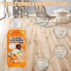 a bottle of floor cleaner sitting on top of a wooden floor