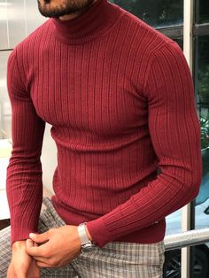 Red Slim Fit Tops For Fall, Fitted Knit Turtleneck With Ribbed Collar, Slim Fit Turtleneck Sweater For Fall, Slim Fit Sweater For Fall, Fitted Solid Knit Turtleneck, Fitted Solid Color Knit Turtleneck, Fitted Knit Turtleneck In Solid Color, Fitted Knit Turtleneck, Slim Fit Turtleneck Sweater For Winter