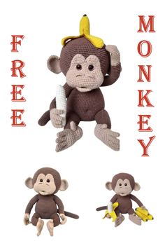 three stuffed monkeys sitting next to each other with the words monkey on it's back