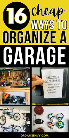 Collage of photos showing different garage storage ideas Garage Arrangement Ideas, Shelving Ideas Garage, Wall Storage Garage, Small Garage Organization Ideas, Tool Storage Garage, Small Garage Storage