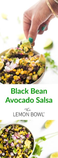 black bean avocado salsa with lemon bowl in the background and text overlay that reads, black bean avocado salsa