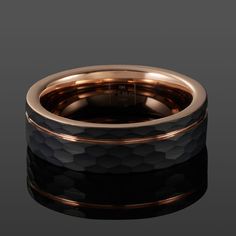 Icarus is crafted from a single solid piece of tungsten carbide, comprised of a black hexagonal brushed finish and polished comfort fit inner sleeve ion-plated in rose gold. Quality Rings, Rings Bands, Handcrafted Rings, Tungsten Carbide, The Ring, Ring Shopping, With Love, Comfort Fit, Plating