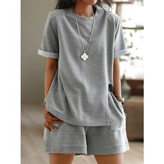 Season:Summer,Spring; Fabric:Polyester; Sleeve Length:Short Sleeve,Short Pant; Gender:Women's; Nightwear Style:Loungewear,Sets; Style:Casual,Comfort,Sport; Elasticity:Micro-elastic; Tops Type:T Shirt; Occasion:Daily,Home,Going out,Street; Age Group:Adults; Function:Breathable; Pattern:Pure Color; Design:Pocket; Neckline:Crew Neck; Special Size:Plus Size; Bottom Type:Shorts; Listing Date:06/08/2023; Length:; Length [Bottom]:; Bust:; Sleeve Length: Sporty Casual Style, Midi Dress Casual, Loungewear Sets, Round Neck Tops, Pajama Set Women, Womens Loungewear, Shorts Set, Pure Color, Shorts With Pockets