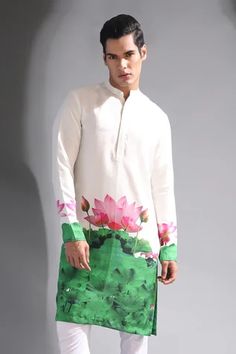 Shop for Mr. Ajay Kumar White Indian Lotus Silk Kurta Set for Men Online at Aza Fashions Lotus Silk, Indian Lotus, Silk Kurta Set, Lotus Print, White Kurta, Silk Kurta, White Lotus, Cotton Pyjamas, Kurta Set