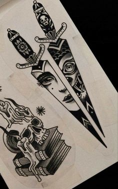 three different designs on the back of a piece of paper with scissors and skulls in it