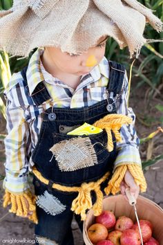 a young boy wearing overalls holding a basket of apples