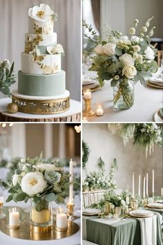 four different shots of a wedding cake with flowers and greenery on the top, in front of candles