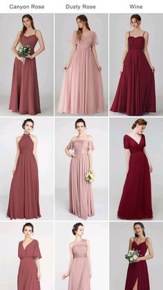 bridesmaid dresses in different colors and styles, including one for the floor length