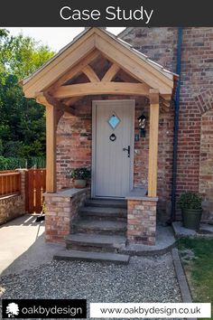 a small brick building with a white door