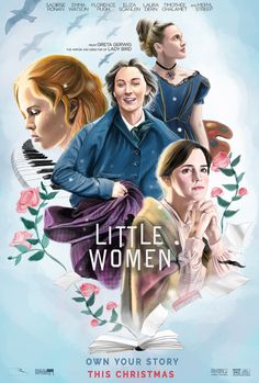 the movie poster for little women, featuring two women and an open book with flowers on it