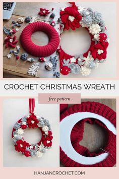 crochet christmas wreath with red and white flowers on the front, and silver snowflakes on the back