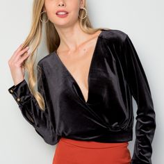 Black Velvet Top With Deep V Neckline. * Super Soft Feel * Gold Button Detailing * 90% Polyester, 10% Spandex * Brand New Boutique Item Without Tags * Approximate Measurements: Pit To Pit- Small: 18" Medium: 19" Large: 20" Length- 18" 18.5" 19" * Please Note: The Size Small Came From The Manufacturer Without The Gold Buttons On One Of The Sleeves. Please See Last Photo. C6c V-neck Tops With Buttons For Night Out, V-neck Blouse With Button Closure For Night Out, Sleek Tops With Button Closure For Night Out, Chic Buttoned Party Top, Chic Party Top With Buttons, Chic Party Tops With Buttons, Chic Evening Tops With Button Closure, V-neck Buttoned Top For Party, V-neck Party Top With Buttons