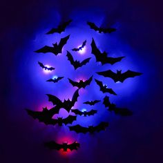 a bunch of bats that are lit up in the night sky with some lights on them