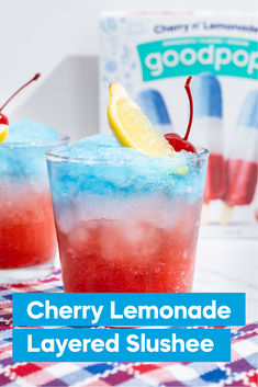 cherry lemonade layered slushee with ice and cherries