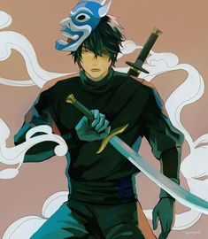 an anime character holding two swords in one hand and wearing a mask on the other