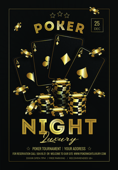 poker night flyer with gold playing cards and casino chips