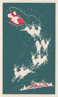 an old fashioned christmas card with santa's sleigh flying through the sky