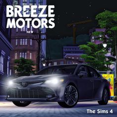 a car driving down a street at night with the words breeze motors next to it