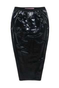 Redefine elegance with this sophisticated midi skirt by Rick Owens, impeccably crafted from lustrous black patent leather. Its high-fashion silhouette, created by a sleek banded waist and a unique overlapping back with a central split hem, merges elegance with edgy style. Pair it with a tucked-in silk blouse and stilet Elegant Shiny Fitted Skirt, Elegant Fitted Shiny Skirt, Sleek Shiny Bottoms For Party, Sleek Club Pencil Skirt, Fitted Shiny Skirt For Evening, Modern Pencil Skirt For Party, Elegant Shiny Skirt For Night Out, Elegant Shiny Bottoms For Evening, Sleek Pencil Skirt For Night Out