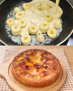 there are bananas and other foods being cooked in a skillet on the stove top