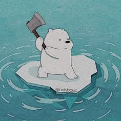 a polar bear on an ice floer holding a hammer